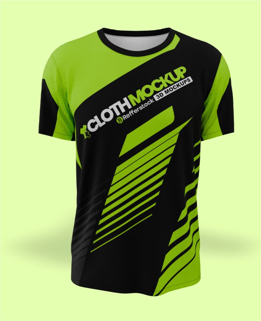 Green and black 3D jersey mockup with dynamic design elements.