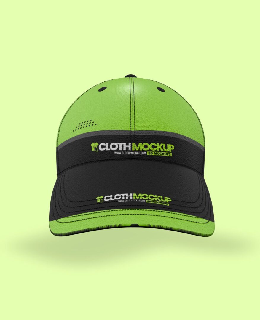 Green 3D baseball cap mockup with black brim and logo space.