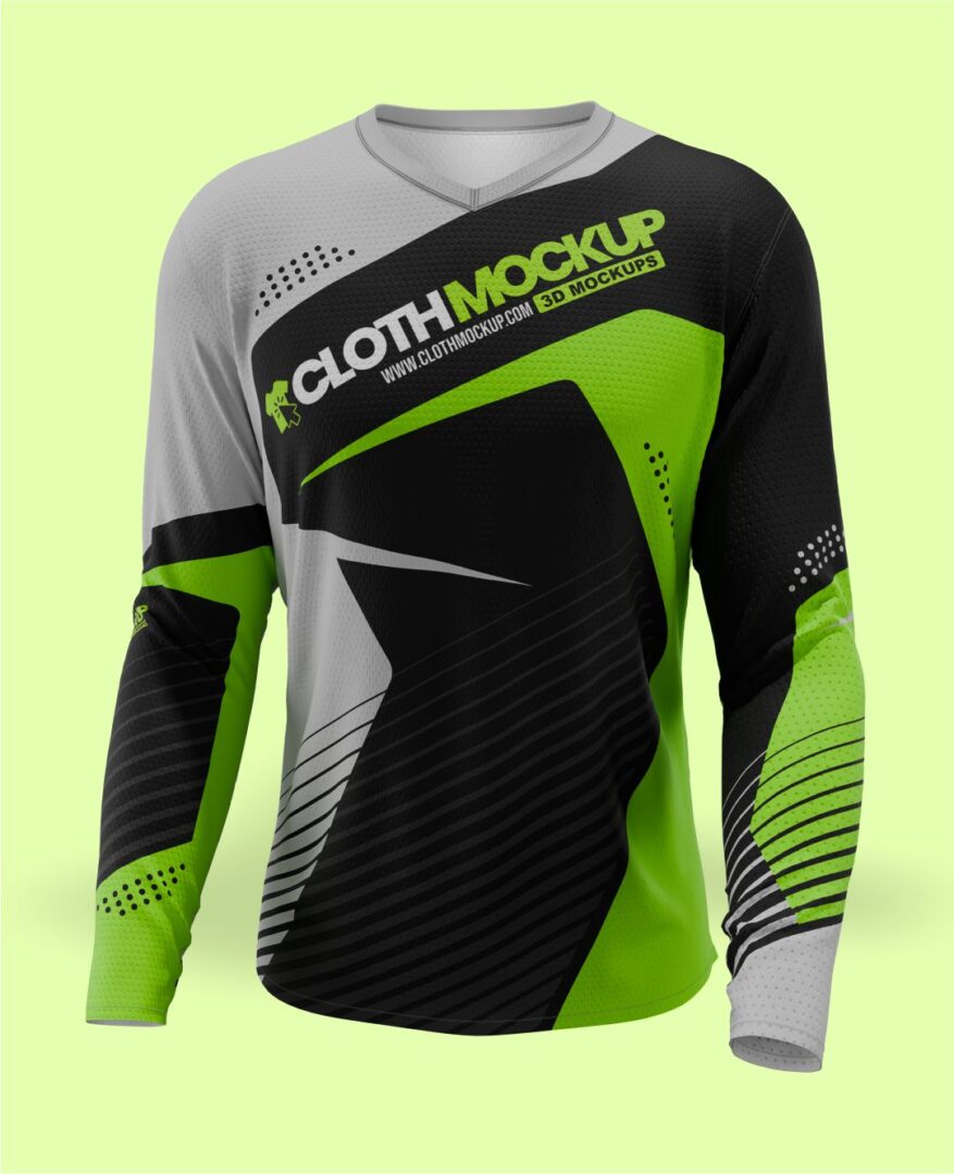 Long sleeve jersey mockup with vibrant green and black design for apparel branding.