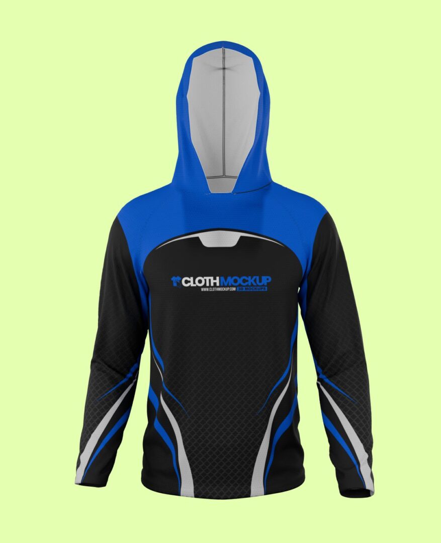 Blue and black long sleeve hooded raglan jersey for sports and activewear.