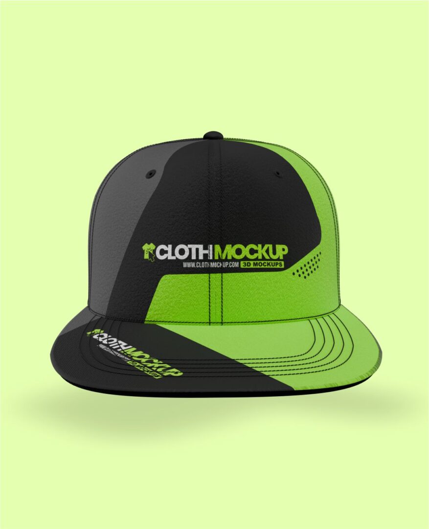 Black and green 3D snapback cap mockup for branding and design.