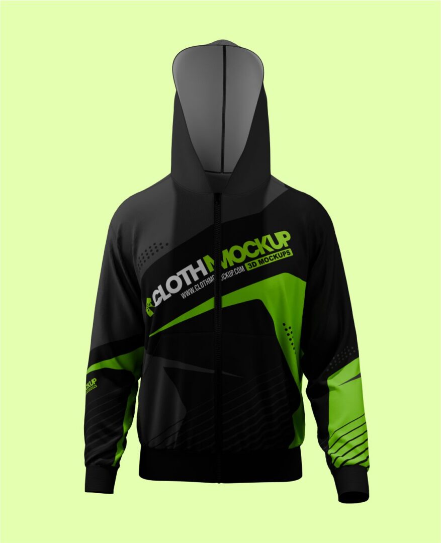 Black hoodie with green accents and front pocket on light green background.