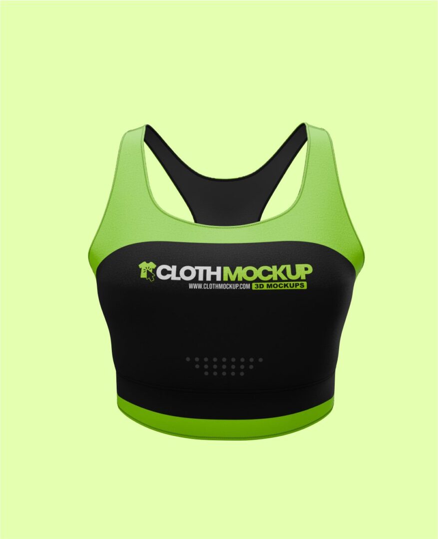 Green and black running bra top mockup for athletic apparel.