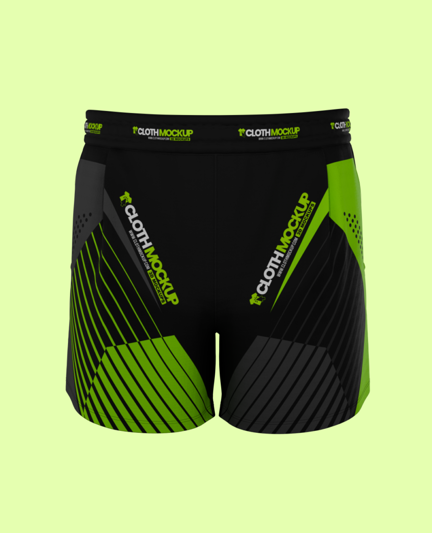 Black and green sports shorts with back pocket and graphic design.